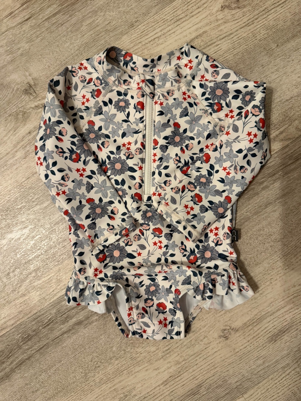 Girls modern moments Floral Ruffle swim - White with Navy & Red